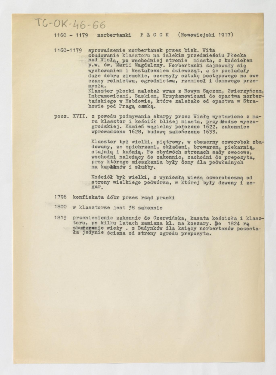 wypisy z Julian Antoni Nowowiejski, 1917 zawierający ważniejsze daty w dziejach miejscowego klasztoru, skan 1