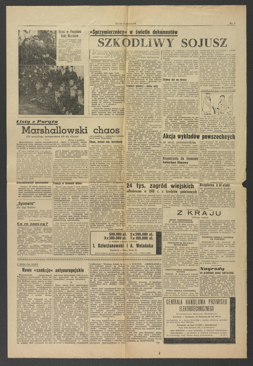 karta z „Życia Warszawy” z 4 stycznia 1949 r. zawierający tekst pt. Wilanów w dawnej krasie stanie się rezerwatem piękna i zdrowia                                                   , skan 2