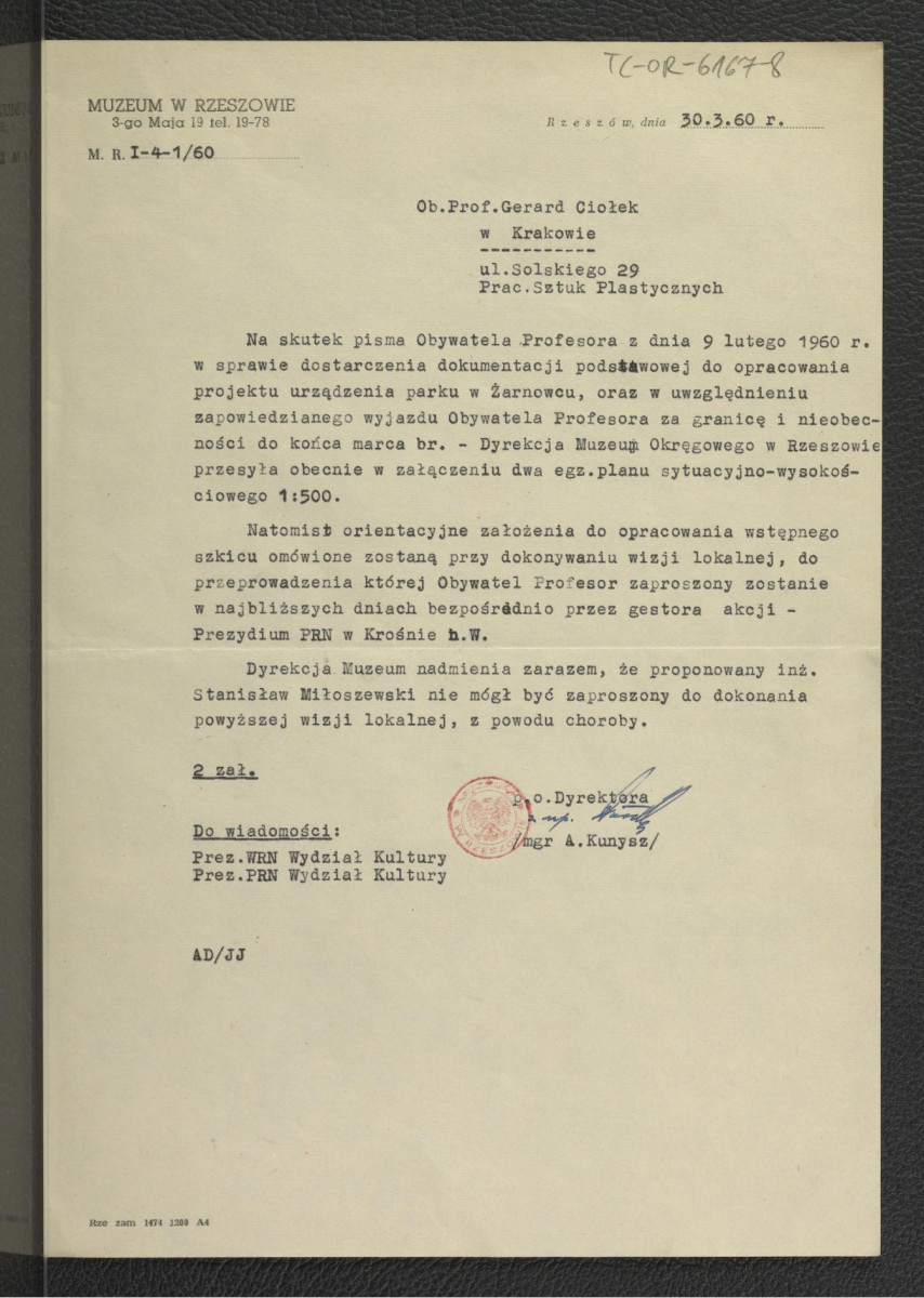 zawiadomienie z 30 marca 1960 r. ze strony Muzeum w Rzeszowie dla G. Ciołka o przesłaniu w załączeniu dwóch egzemplarzy planu sytuacyjno-wysokościowego (1 : 500), skan 1