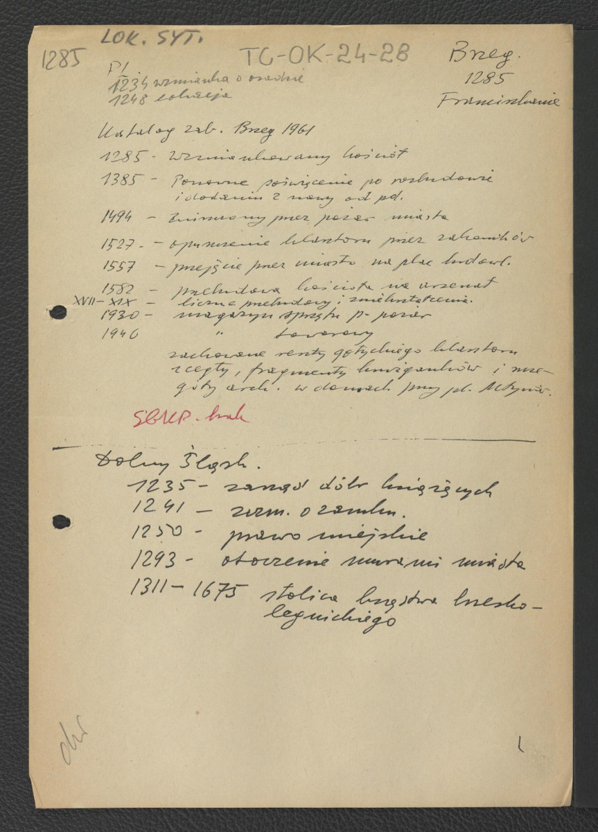wypis z Katalogu Zabytków-Brzeg (1961) zawierający chronologię miejscowego klasztoru począwszy od roku 1285; odsyłacz do Słownika Geograficznego Królestwa Polskiego; wypis z Dolny Śląsk również zawierający chronologię miejscowego opactwa , skan 1