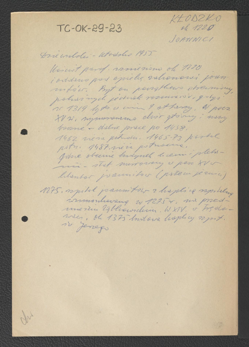 wypis z Dziewulski, Kłodzko, 1955 dotyczący dziejów miejscowego kościoła parafialnego wzniesionego ok. 1220 r. pełniącego przez pewien czas funkcję lokalnej siedziby szpitalników , skan 1