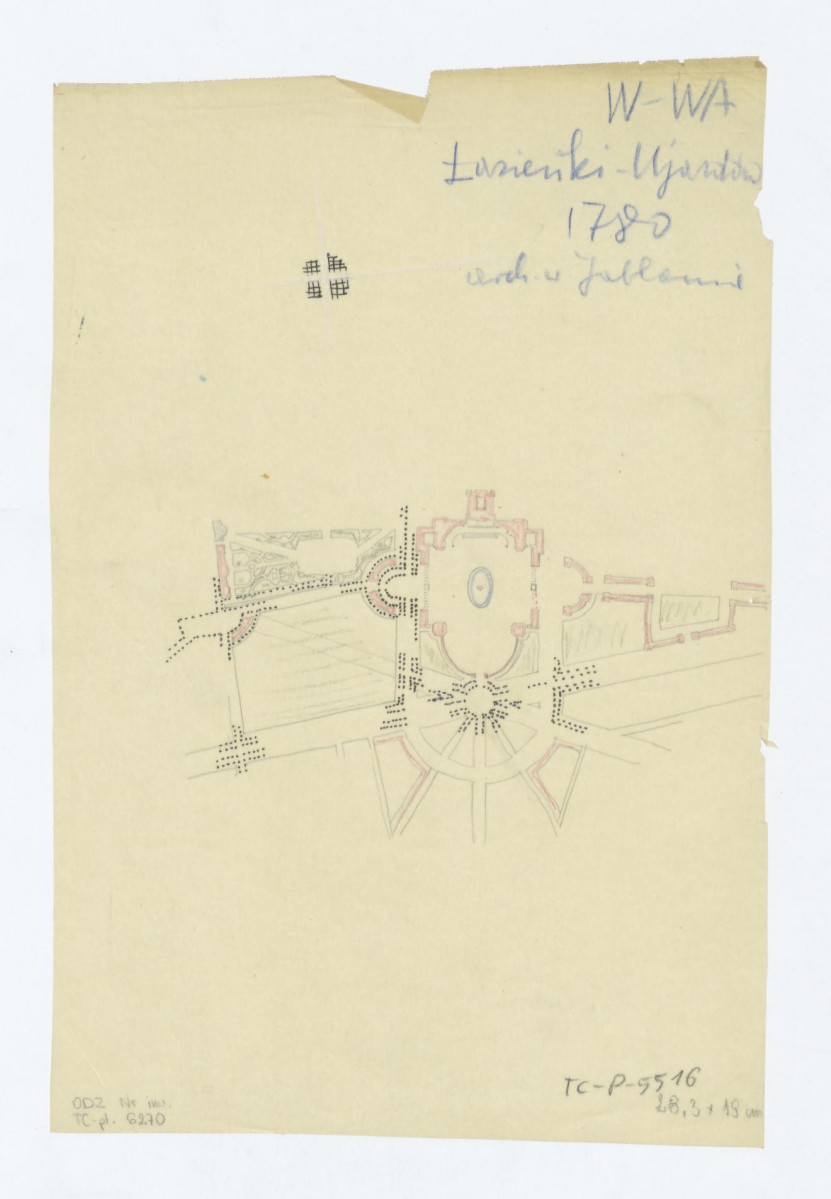 projekt rozbudowy Zamku Ujazdowskiego. Przerys archiwalnego planu z 1780 roku z archiwum w Jabłonnie. Napis: Warszawa łazienki - Ujazdów; 1780; archiwum w Jabłonnie, skan 1