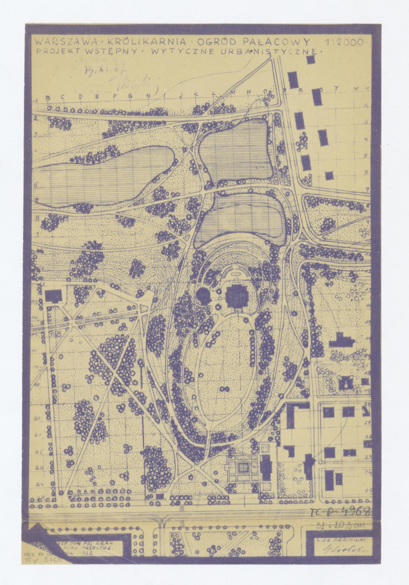 plan sytuacyjno - wysokościowy, projekt wstępny, wytyczne urbanistyczne. Napisy. WARSZAWA. KRÓLIKARNIA. OGRÓD PAŁACOWY; PROJEKT WSTĘPNY. WYTYCZNE URBANISTYCZNE, skan 1