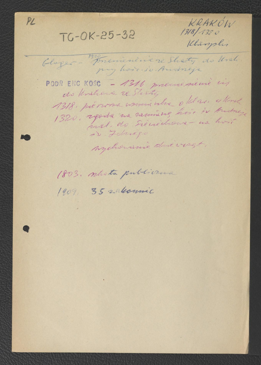 odsyłacz do Gloger Zygmunt, Encyklopedia Staropolska, Warszawa 1902 wzmiankujący przeniesienie klasztoru ze Skały do Krakowa przy kościele św. Andrzeja; wypis z Podręczna Encyklopedia Kościelna, red. ks. Zygmunt Chełmicki, t. I-XLIV, Warszawa, 1904-1916 zawierający chronologię wczesnych dziejów miejscowego klasztoru wraz z wzmianką dotyczącą szkoły publicznej z 1803 r. oraz trzydziestu pięciu zakonnic w 1909 r. , skan 1