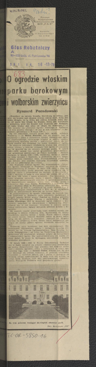 wycinek z „Głosu Robotniczego” (nr 281) z 16 grudnia 1979 r. zawierający tekst autorstwa Ryszarda Poradowskiego pt. O ogrodzie włoskim, parku barokowym i wolborskim zwierzyńcu , skan 1