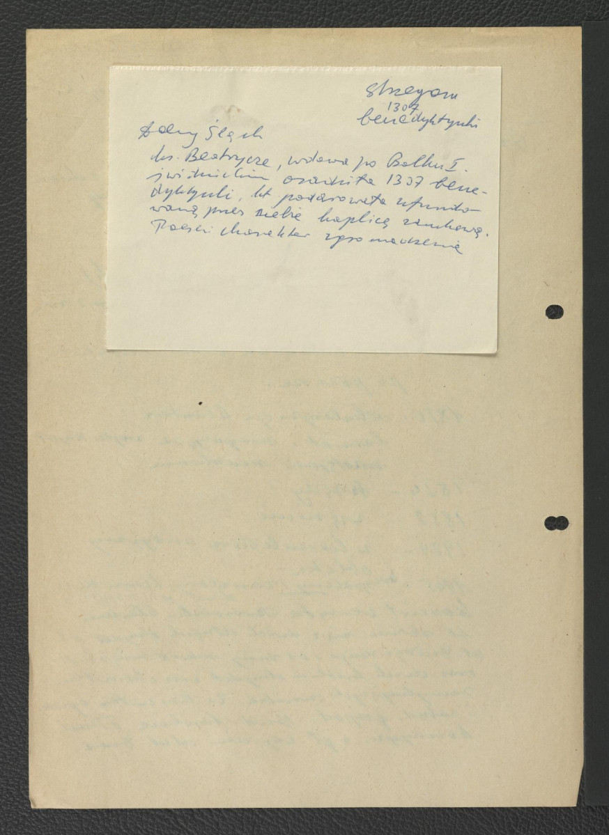 wypis z Golachowski-Dziewulski, Strzegom zawierający chronologie najważniejszych wydarzeń w dziejach miejscowej posesji; wypis z Dolny Śląsk wzmiankujący sprowadzenie benedyktynów około 1307 roku z inicjatywy Beatrycze, wdowy po Bolku I, skan 2