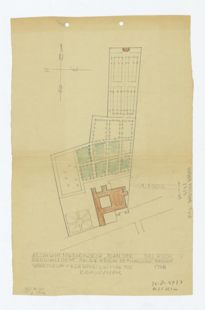 plan sytuacyjny ogrodu według "Plan der um das Hoch Radzivillische Palais herum Befindlichen Gegend" 1760 , Archiwum Nieborowskie, skan 1