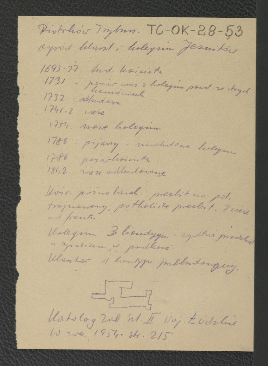 wypis z Katalog Zabytków Sztuki w Polsce: Woj. Łódzkie, t. II, red. Szablowski J., Warszawa 1954, s. 215 zawierający chronologię miejscowego klasztoru począwszy od roku 1695 kiedy rozpoczęto budowę miejscowego kościoła; zwięzła charakterystyka architektoniczna oraz szkicowy rysunek klasztoru , skan 1
