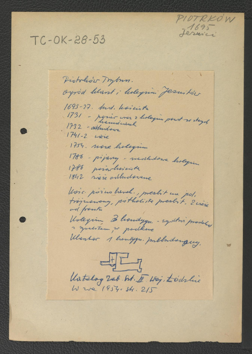 wypis z Katalog Zabytków Sztuki w Polsce: Woj. Łódzkie, t. II, red. Szablowski J., Warszawa 1954, s. 215 zawierający chronologię miejscowego klasztoru począwszy od roku 1695 kiedy rozpoczęto budowę miejscowego kościoła; zwięzła charakterystyka architektoniczna oraz szkicowy rysunek klasztoru , skan 2