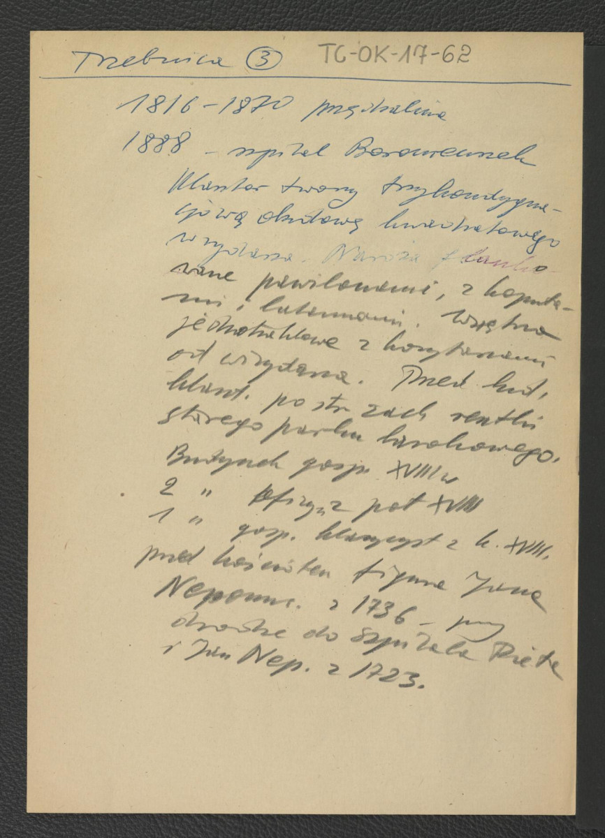 wypis ze studium historyczno-urbanistycznego miasta Trzebnicy sporządzonego na zlecenie Pracowni Konserwacji Zabytków we Wrocławiu w roku 1956, a zawierającym chronologię klasztoru oraz budynków wchodzących w skład całego zespołu, skan 3