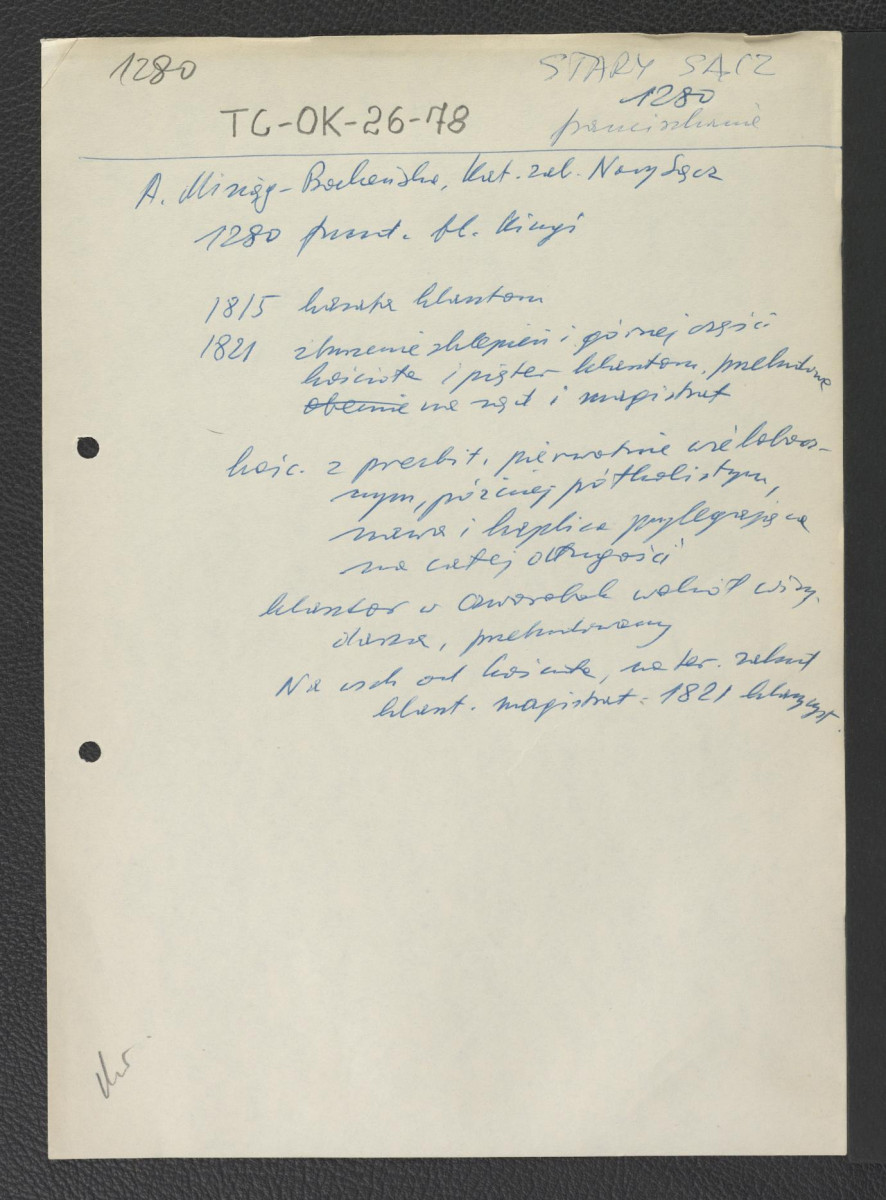 wypis z Minąg-Bocheński; Katalog Zabytków Sztuki-Nowy Sącz zawierający chronologię ważniejszych wydarzeń w dziejach miejscowego klasztoru począwszy od fundacji księżnej Kingi w 1280 r.; zawiera zwięzłą charakterystykę architektoniczną , skan 1