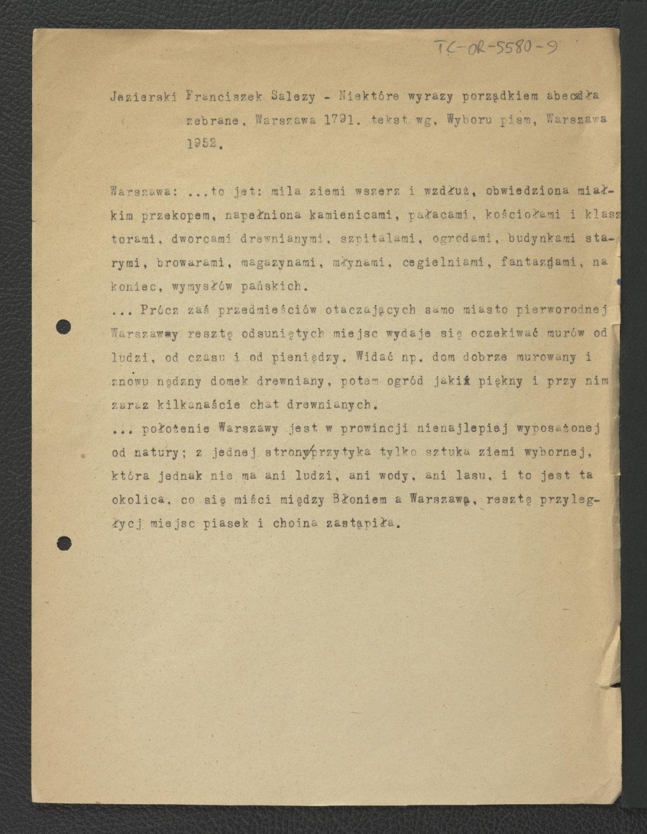 wypis z Jezierski F. S., Niektóre wyrazy porządkiem abecadła zebrane, Warszawa 1791 (tekst według Wybór pism, Warszawa 1952) charakteryzujący typ zabudowy miejskiej w Warszawie oraz wzmianka dotyczący zaniedbanych rejonów przedmieścia – w tym także ogrody , skan 1