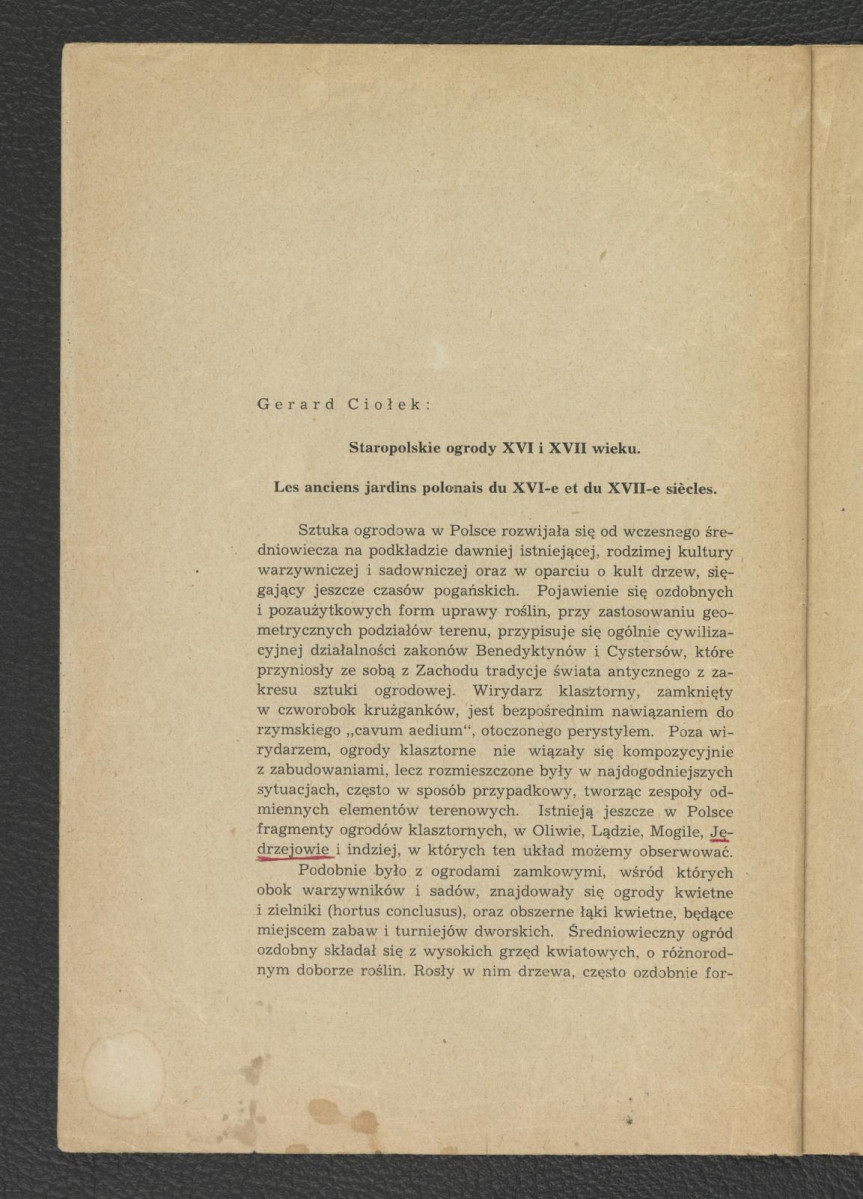 nadbitka ze Sprawozdań Towarzystwa Naukowego Warszawskiego (Wydział II, Rok XL.-1947) zawierająca tekst Gerarda Ciołka pt. Staropolskie ogrody w XVI i XVII wieku, skan 2