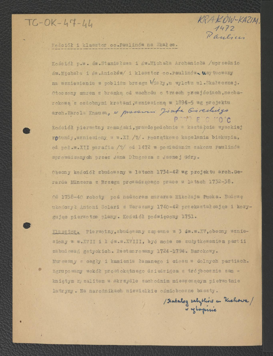 notatka na podstawie Podręczna Encyklopedia Kościelna, red. ks. Zygmunt Chełmicki, t. I-XLIV, Warszawa, 1904-1916 oraz Katalog Zabytków Sztuki w Polsce: Woj. Krakowskie, t. I, red. Szablowski Jerzy, Warszawa 1953 dotycząca kolejnych etapów prac budowlanych przy miejscowym kościele, skan 1