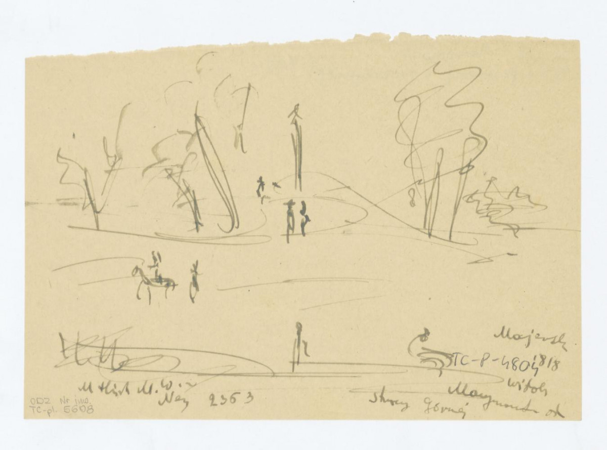 szkicowy widok ogólny. Przerys. Napisy: Majewski 1818; widok Marymontu od Strony Górnej; Muzeum Historyczne miasta Warszawy. Negatyw 2363, skan 1