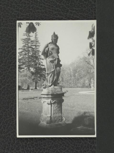 18 fotografii czarno-białych fotografii ukazujących rzeźby figuratywne attycyzujące (m.in. „Antoniusz”, „Artemida”, „Orfeusz”) w północnym alkierzu ogrodowym, skan 4