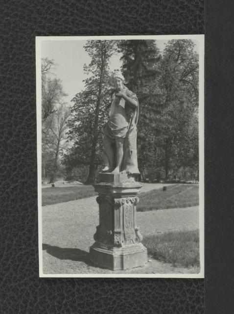 18 fotografii czarno-białych fotografii ukazujących rzeźby figuratywne attycyzujące (m.in. „Antoniusz”, „Artemida”, „Orfeusz”) w północnym alkierzu ogrodowym, skan 7