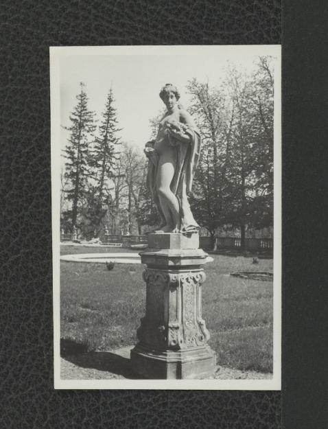 18 fotografii czarno-białych fotografii ukazujących rzeźby figuratywne attycyzujące (m.in. „Antoniusz”, „Artemida”, „Orfeusz”) w północnym alkierzu ogrodowym, skan 8