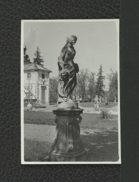 18 fotografii czarno-białych fotografii ukazujących rzeźby figuratywne attycyzujące (m.in. „Antoniusz”, „Artemida”, „Orfeusz”) w północnym alkierzu ogrodowym, skan 10