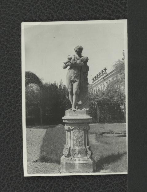 18 fotografii czarno-białych fotografii ukazujących rzeźby figuratywne attycyzujące (m.in. „Antoniusz”, „Artemida”, „Orfeusz”) w północnym alkierzu ogrodowym, skan 12
