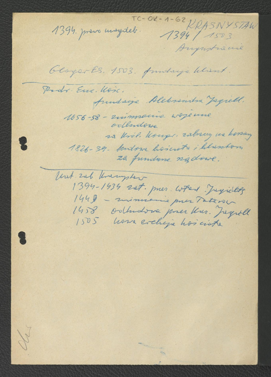 odsyłacz do Gloger Zygmunt, Encyklopedia Staropolska, Warszawa 1902 wzmiankujący ufundowanie miejscowego klasztoru po roku 1503; Podręczna Encyklopedia Kościelna, red. ks. Zygmunt Chełmicki, tom I-XLIV, Warszawa, 1904-1916 dot. fundacyjnej roli Aleksandra Jagiellończyka, zniszczeń w trakcie potopu szwedzkiego oraz wzniesienia kościoła i klasztoru w latach 1826-1839; Katalog Zabytków Krasnegostawu dotyczący najważniejszych dat w dwóch pierwszych wiekach istnienia miejscowości , skan 1