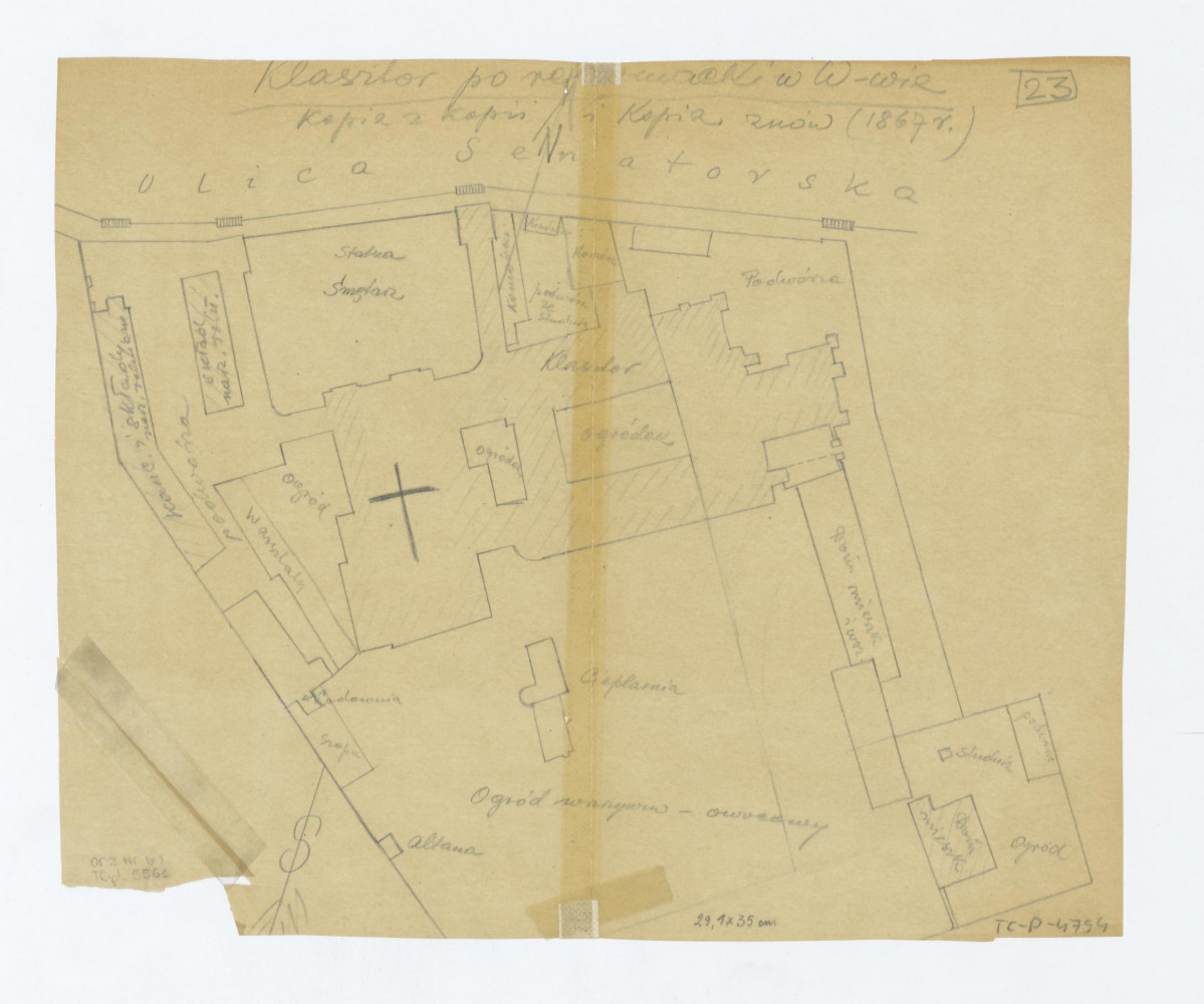plan sytuacyjny klasztoru poreformackiego z uwzględnieniem ogrodów przyklasztornych. Kopia z planu z 1867 roku, skan 1