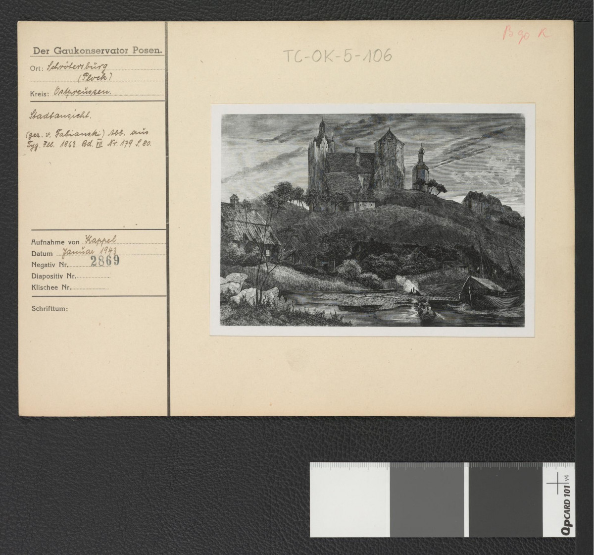 reprodukcja ryciny przedstawiająca widok miejscowego zamku od strony nabrzeża wiślanego; karta konserwatorska sporządzona przez władze okupacyjne w 1943 roku, skan 1