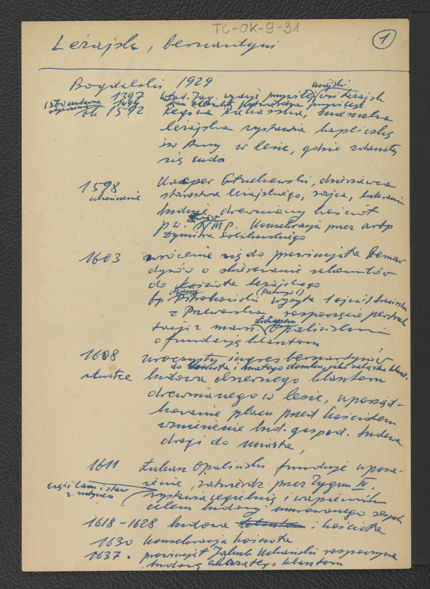 wypis z Bogdalski, 1929 wzmiankujący ważniejsze epizody w dziejach miejscowego klasztoru począwszy od wydanego w 1937 roku przywileju przez Władysława Jagiełłę aż do 1928 roku, gdy papież Pius XI wyniósł tamtejszy kościół do rangi bazyliki, skan 1