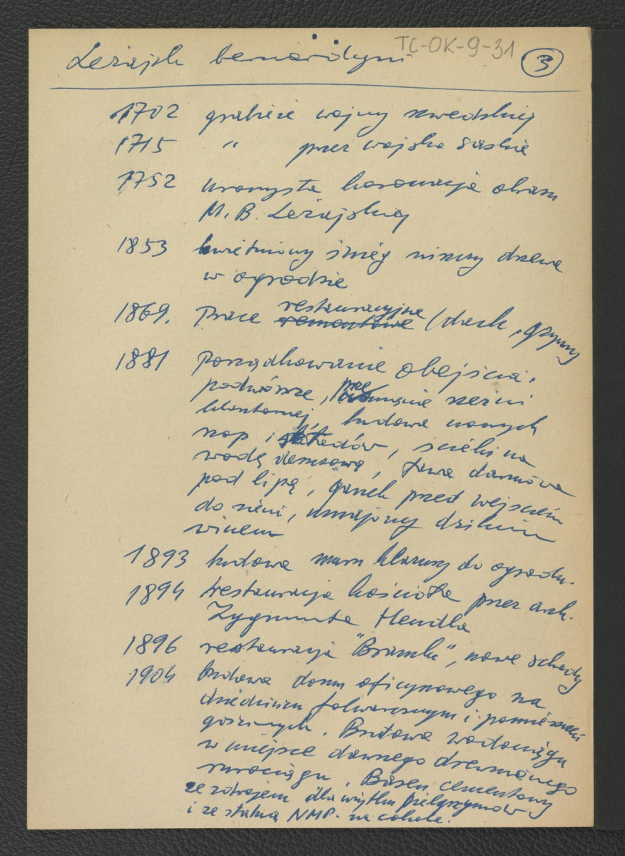wypis z Bogdalski, 1929 wzmiankujący ważniejsze epizody w dziejach miejscowego klasztoru począwszy od wydanego w 1937 roku przywileju przez Władysława Jagiełłę aż do 1928 roku, gdy papież Pius XI wyniósł tamtejszy kościół do rangi bazyliki, skan 3