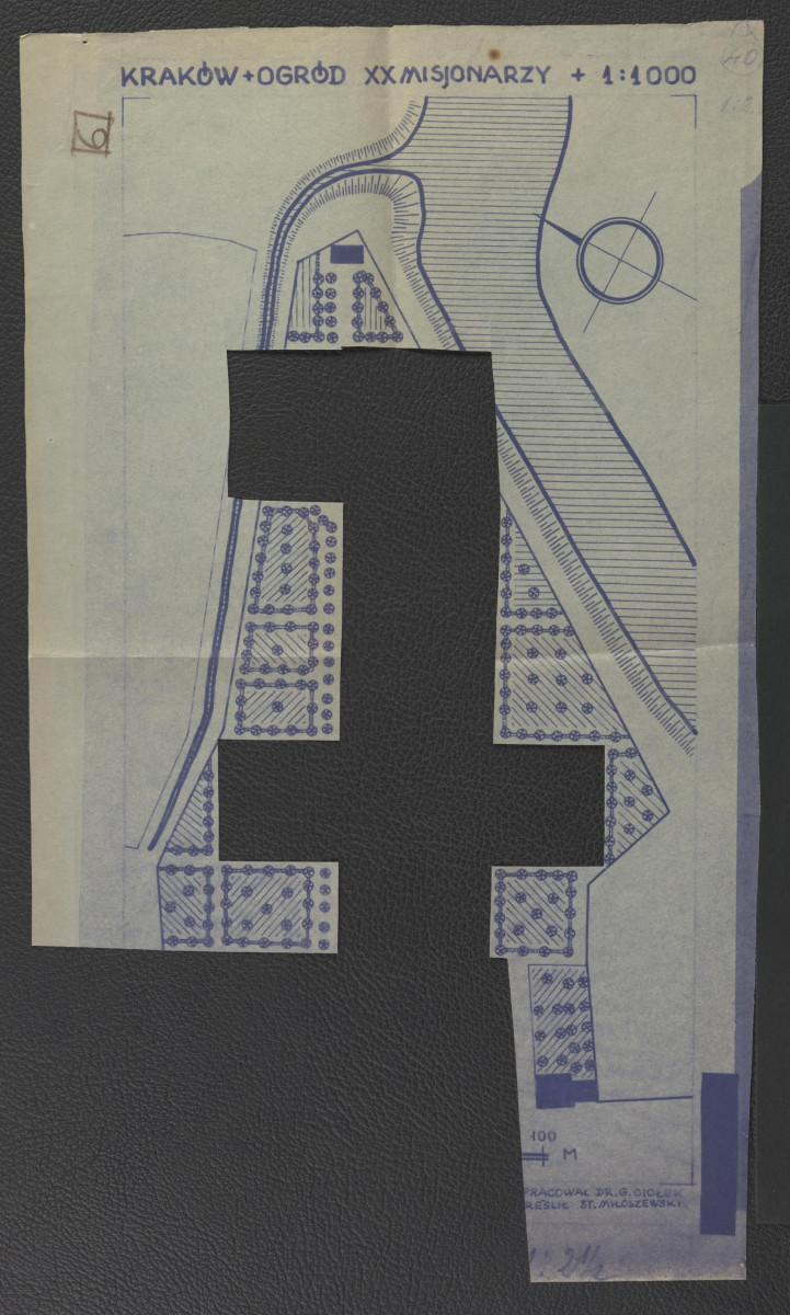 uszkodzony plan ogrodu (1 : 1000) opracowany przez Gerarda Ciołka i nakreślony przez S. Miłoszewskiego , skan 1