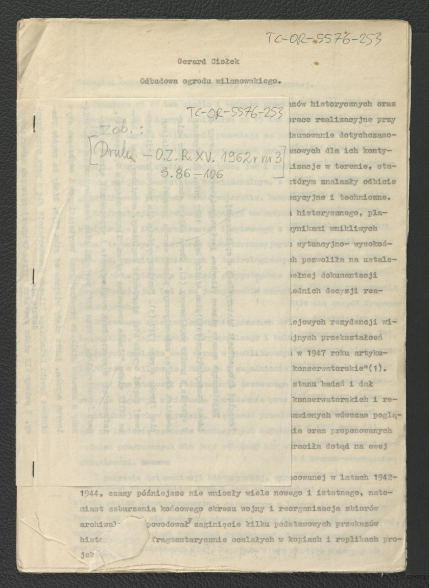 tekst autorstwa G. Ciołka pt. Odbudowa ogrodu wilanowskiego w: „Ochrona Zabytków” nr 3 (1962), R.XV, s. 86-106     , skan 1