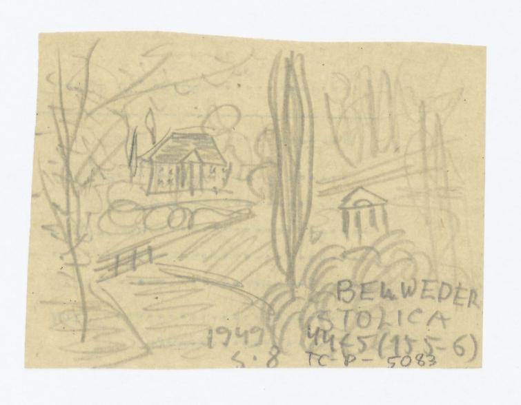 Belweder - pałac, widok od strony parku łazienkowskiego; po prawej stronie zaznaczona szkicowa Świątynia Grecka. Przerys z: Stolica 1949 nr 44-5 /155-6/ s. 8, skan 1