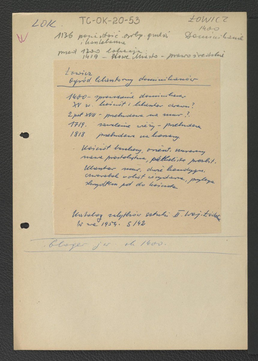 wypis z Katalog Zabytków Sztuki w Polsce: Woj. Łódzkie, t. II, red. Szablowski Jerzy, Warszawa 1954, s. 142 zawierający zwięzłą chronologię miejscowego zgromadzenia począwszy od 1400 r. oraz równie lakoniczną charakterystykę architektoniczną; notatka dot. , skan 2