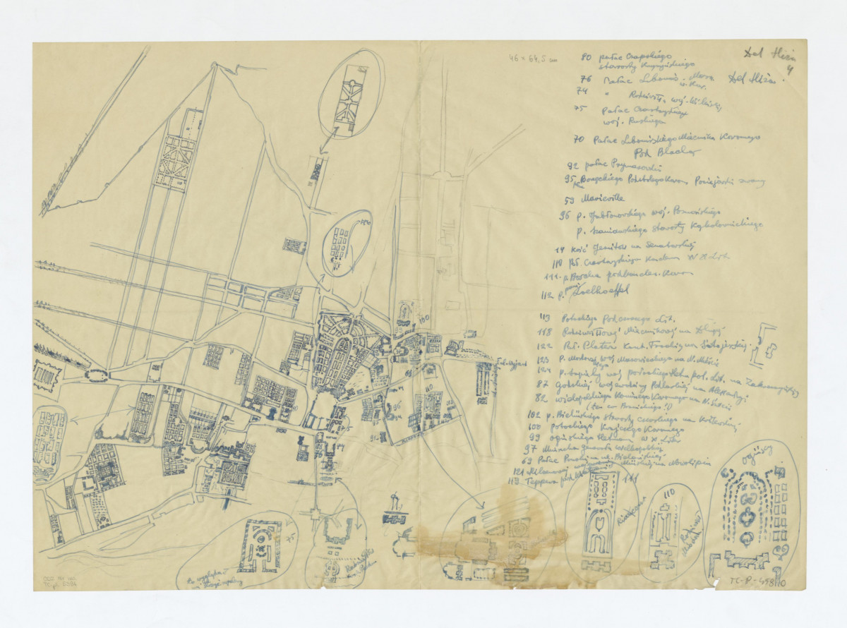 plany sytuacyjne rezydencji magnackich w rejonie Krakowskiego Przedmieścia i Starego Miasta według Del. Hiża, skan 1