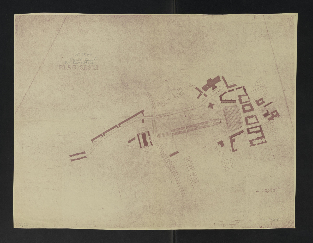 Ogród Saski-plan sytuacyjny zabudowy ogrodu wraz  z otaczającą zabudową placu Saskiego (Zwycięstwa) Odbitka ozalidowa, skan 1