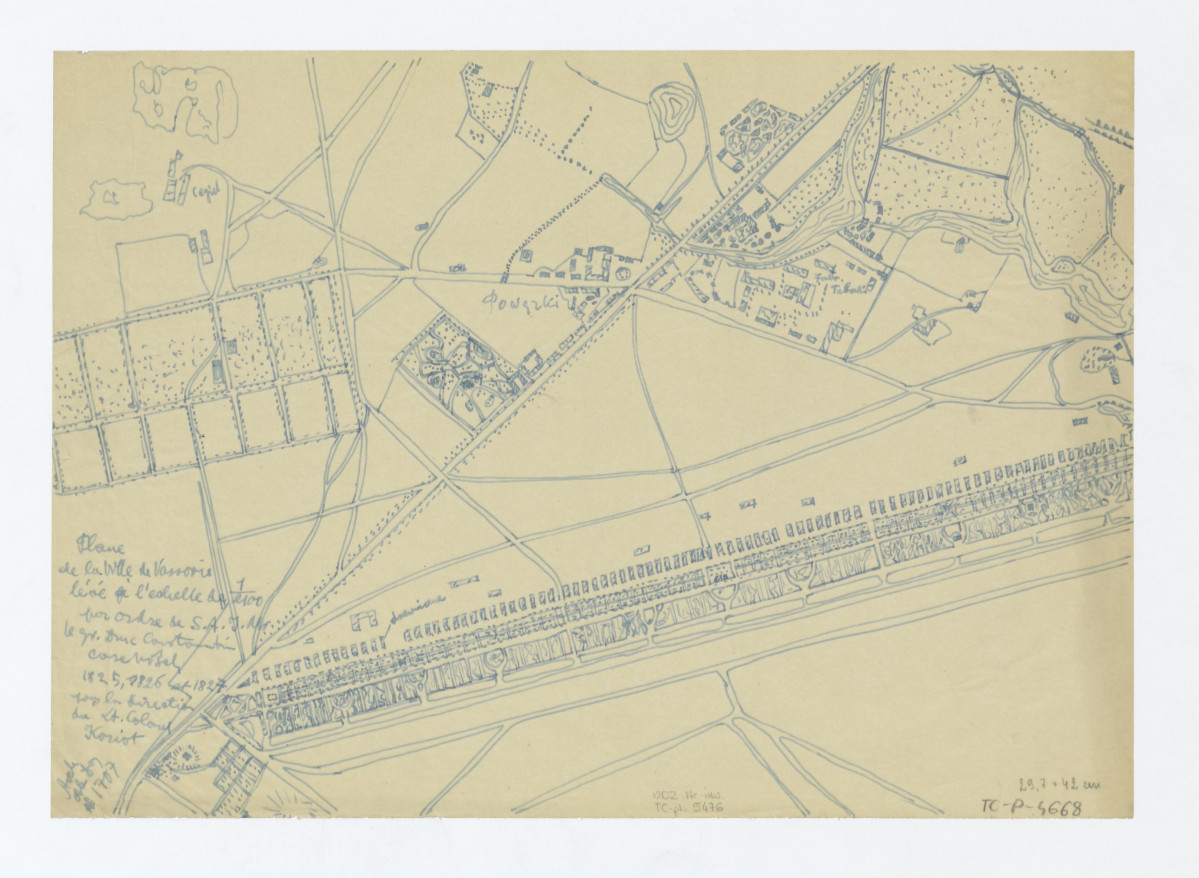 plan Powązek według pomiaru Koriota z 1825, 1826 i 1827 przerys z Archiwum Akt Dawnych Nr 1707, skan 1