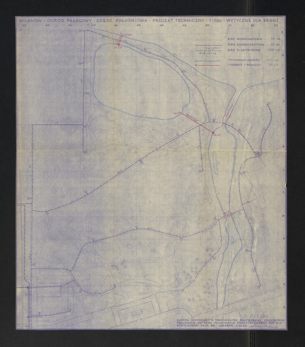 Wilanów-część południowa, plan sytuacyjny z zaznaczeniem sieci wodociągowej, kanalizacyjnej i elektrycznej oraz układu wodnego / umocnienia brzegów, przepusty, mosty, kaskada/. Napisy: WILANÓW. OGRÓD PAŁACOWY, CZĘŚĆ POŁUDNIOWA. PROJEKT TECHNICZNY. 1:500. WYTYCZNE DLA BRANŻ, skan 1