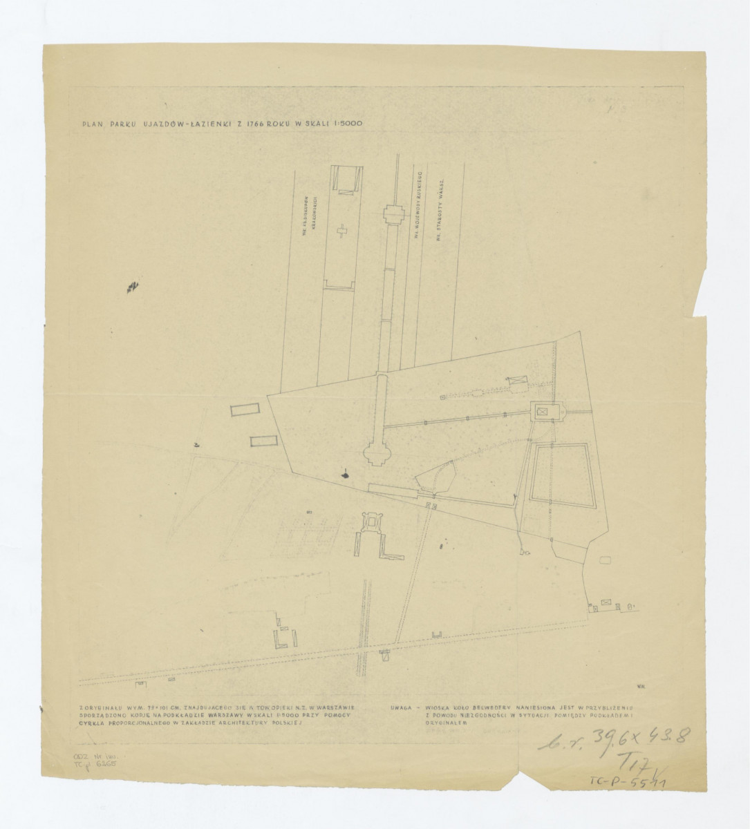 plan sytuacyjny parków Ujazdów i Łazienki z 1766 roku. Odrys, skan 1