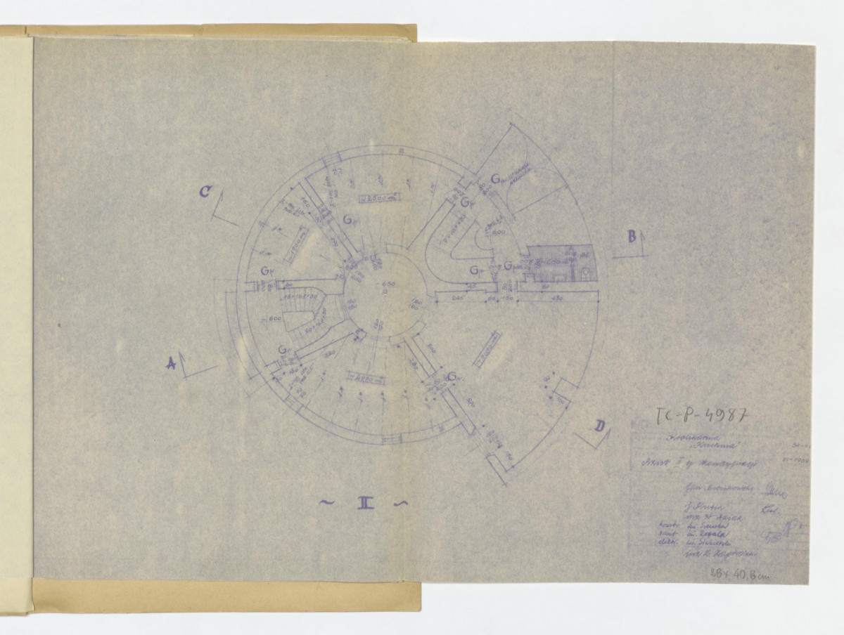 projekt techniczno - roboczy "Kuchni", rzut drugiej kondygnacji. Oznaczenia cyfrowe, literowe i wymiary. Plansza oznaczona: II, skan 1
