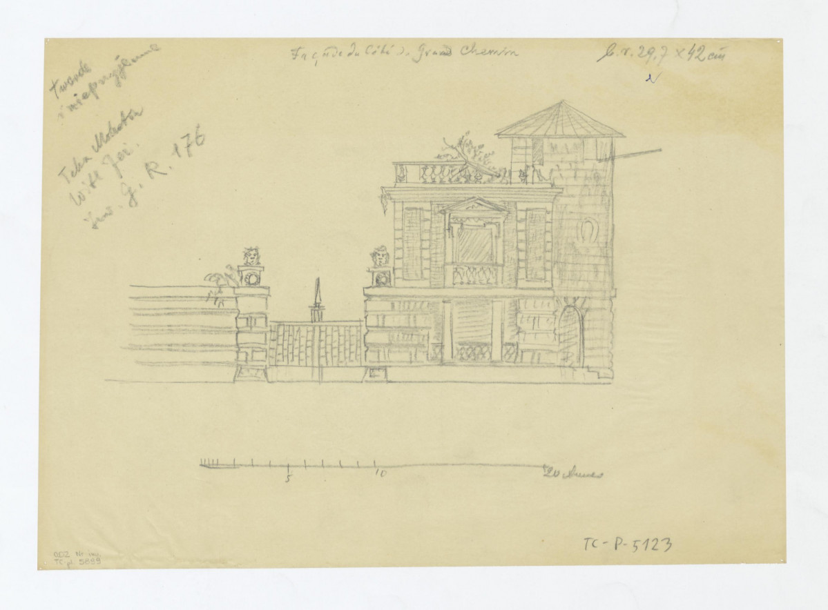 Mokotów - odrys fasady ogrodzenia od strony wielkiej drogi wraz z pawilonem, skan 1
