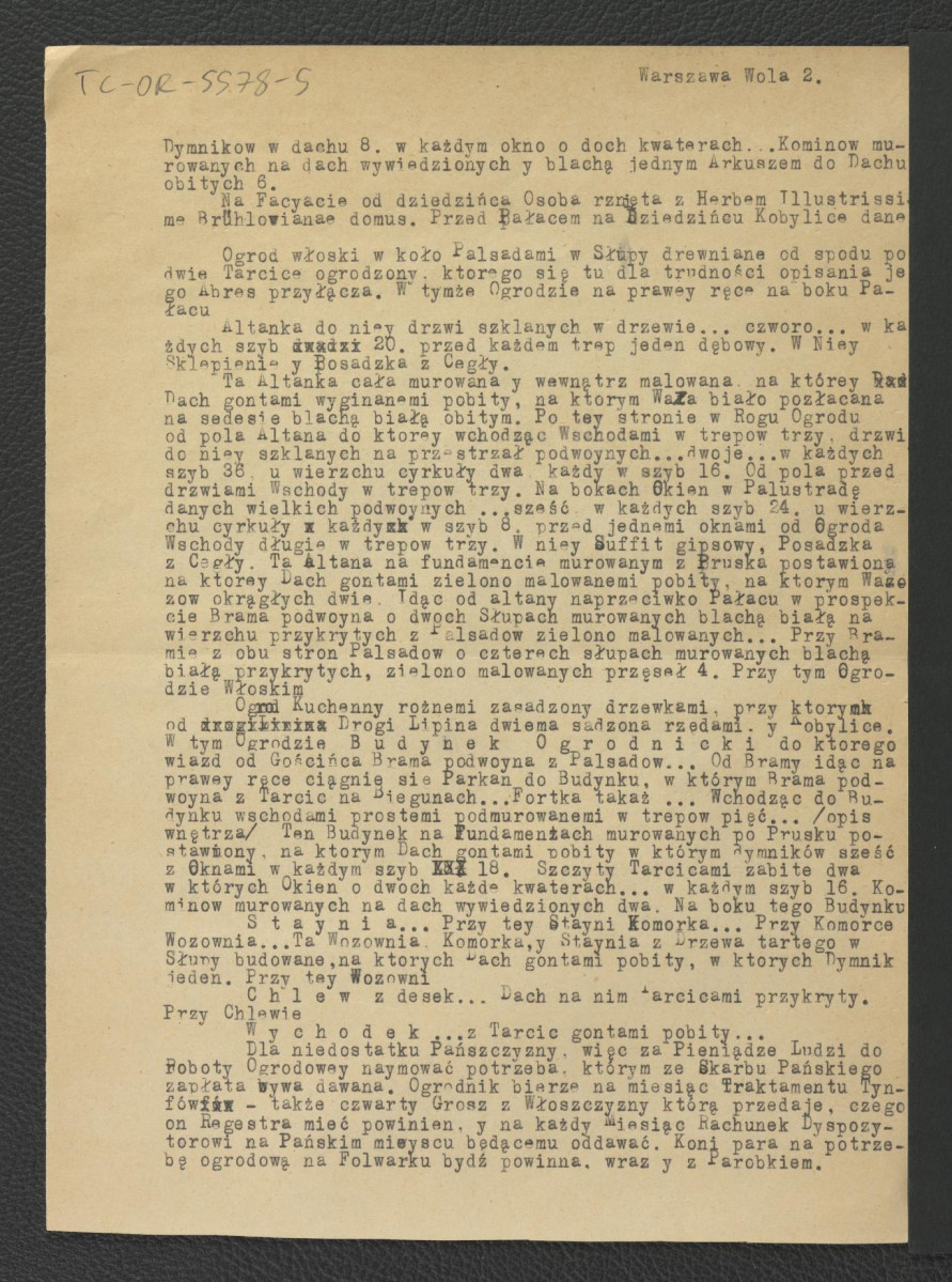 wypis z Inwentarza Starostwa Warszawskiego z Pałacowymi Dworami, Wsiami, Woytostwami, Młynami, y innemi przyległościami do niego należącymi… die Prima January 1764 Anno spisany i wyprowadzony. Inwentarz Wsiów Wielkiej Woli, Mokotowa, Powązków,  y Węglowey Wołki zaczynający się. Opisanie Pałacu Wielkiej Woli 1764 Anno; trzy karty , skan 2