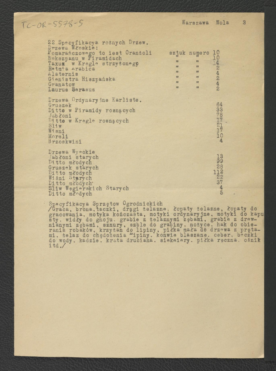 wypis z Inwentarza Starostwa Warszawskiego z Pałacowymi Dworami, Wsiami, Woytostwami, Młynami, y innemi przyległościami do niego należącymi… die Prima January 1764 Anno spisany i wyprowadzony. Inwentarz Wsiów Wielkiej Woli, Mokotowa, Powązków,  y Węglowey Wołki zaczynający się. Opisanie Pałacu Wielkiej Woli 1764 Anno; trzy karty , skan 3