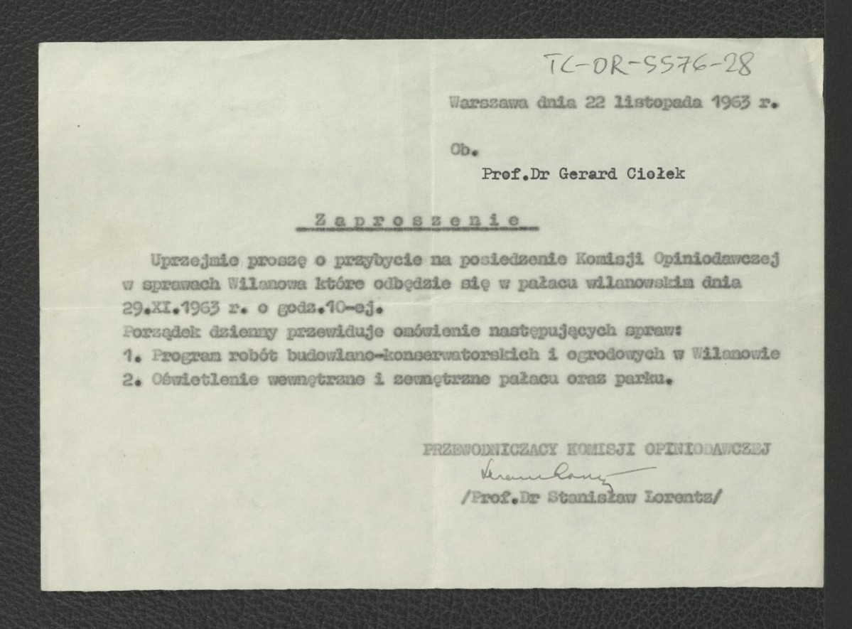 zaproszenie z 22 listopada 1963 r. dla G. Ciołka ze strony S. Lorentza, przewodniczącego Komisji Opiniodawczej do wzięcia udziału w posiedzeniu tego gremium , skan 1