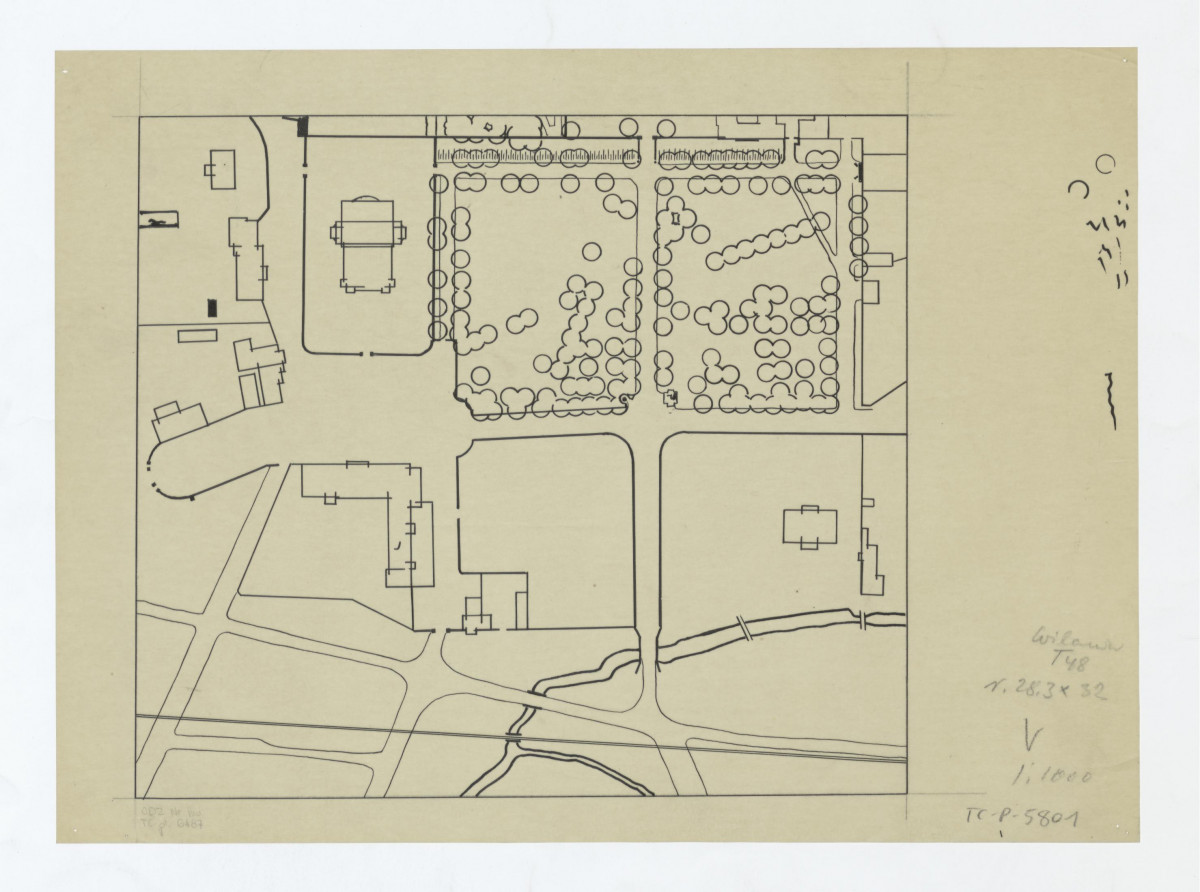 Wilanów-zaczęte opracowanie graficzne sytuacji dróg i zadrzewienia między szosą a dziedzińcem, skan 1