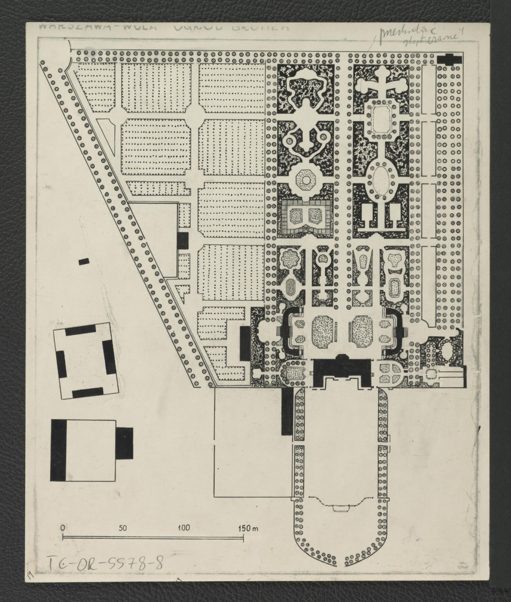 reprodukcja planu z Ciołek G., Ogrody polskie, Warszawa 1954, s. 91 ukazujące plan miejscowego ogrodu z 1760 r. autorstwa Jana Daniela Jaucha z 1760 r.  , skan 1