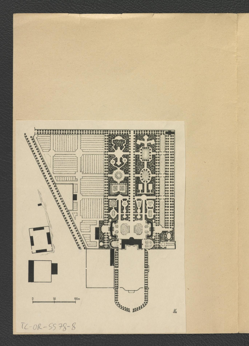 reprodukcja planu z Ciołek G., Ogrody polskie, Warszawa 1954, s. 91 ukazujące plan miejscowego ogrodu z 1760 r. autorstwa Jana Daniela Jaucha z 1760 r.  , skan 4