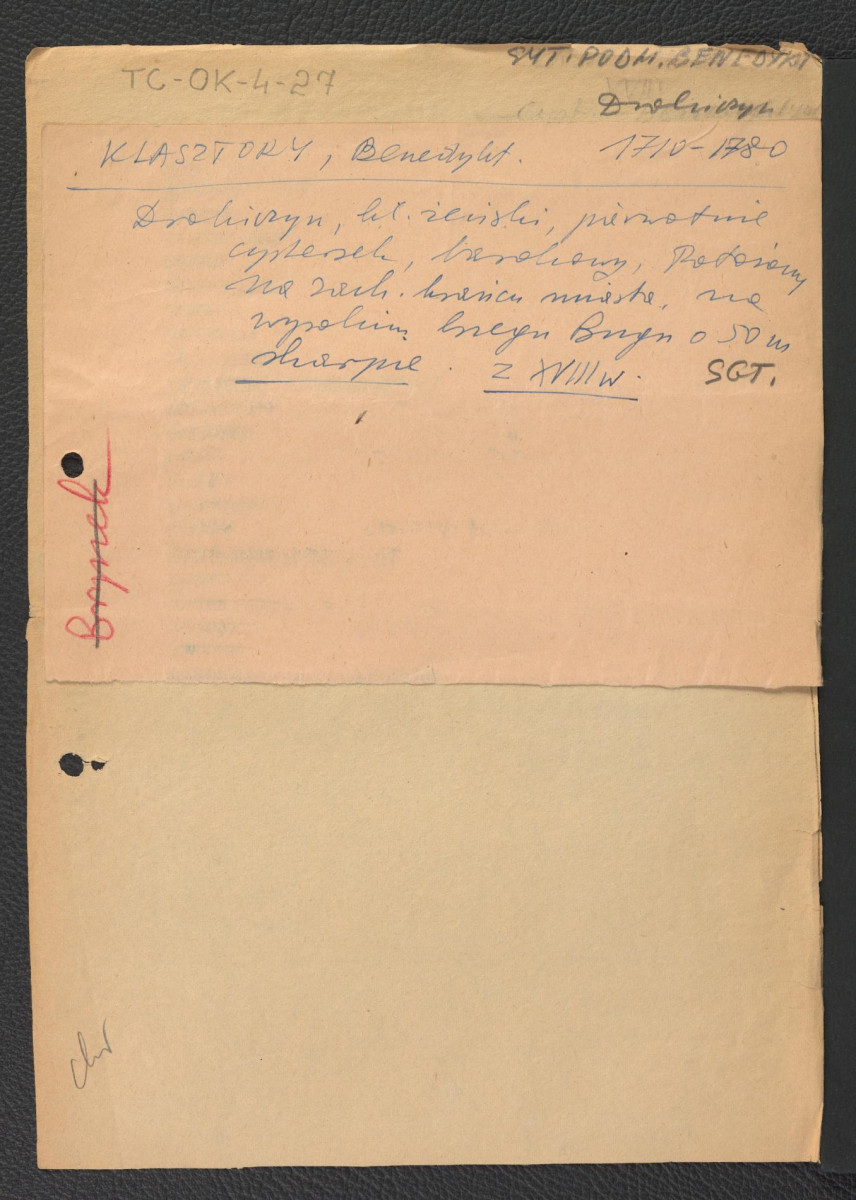 notatka dotycząca niegdysiejszej przynależności klasztoru do cysterek, barokowego kościoła oraz jego usytuowania , skan 1