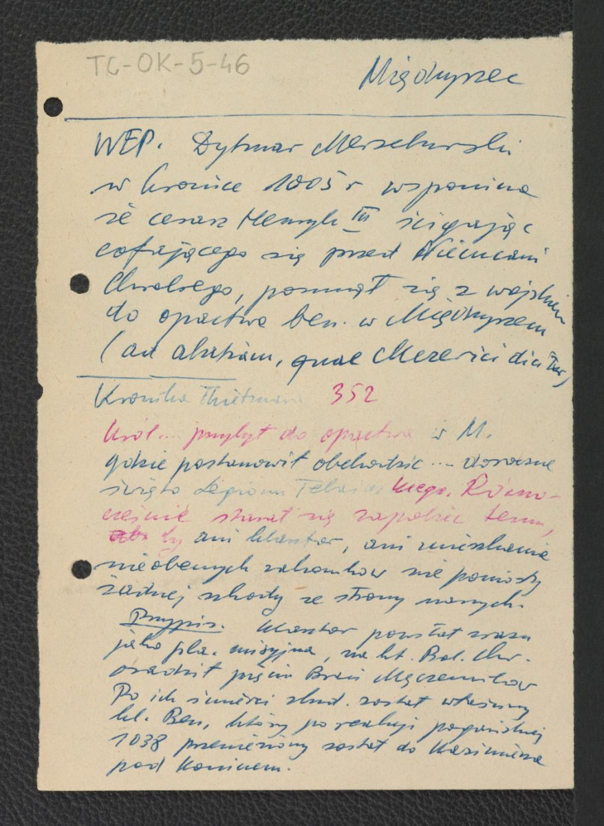 wypis z Wielka Encyklopedia Powszechna Państwowego Wydawnictwa Naukowego, red. B. Suchodolski, tom I-XII, Warszawa 1962-1969 (hasło: Dytmar Mersoburski) dotyczący wzmianki w Kronice Thietmara o dotarciu wyprawy cesarza Henryka II do opactwa w wymienionej miejscowości; cytat z Kroniki Thietmara (strona 352) dotycząca wymienionego wydarzenia , skan 1