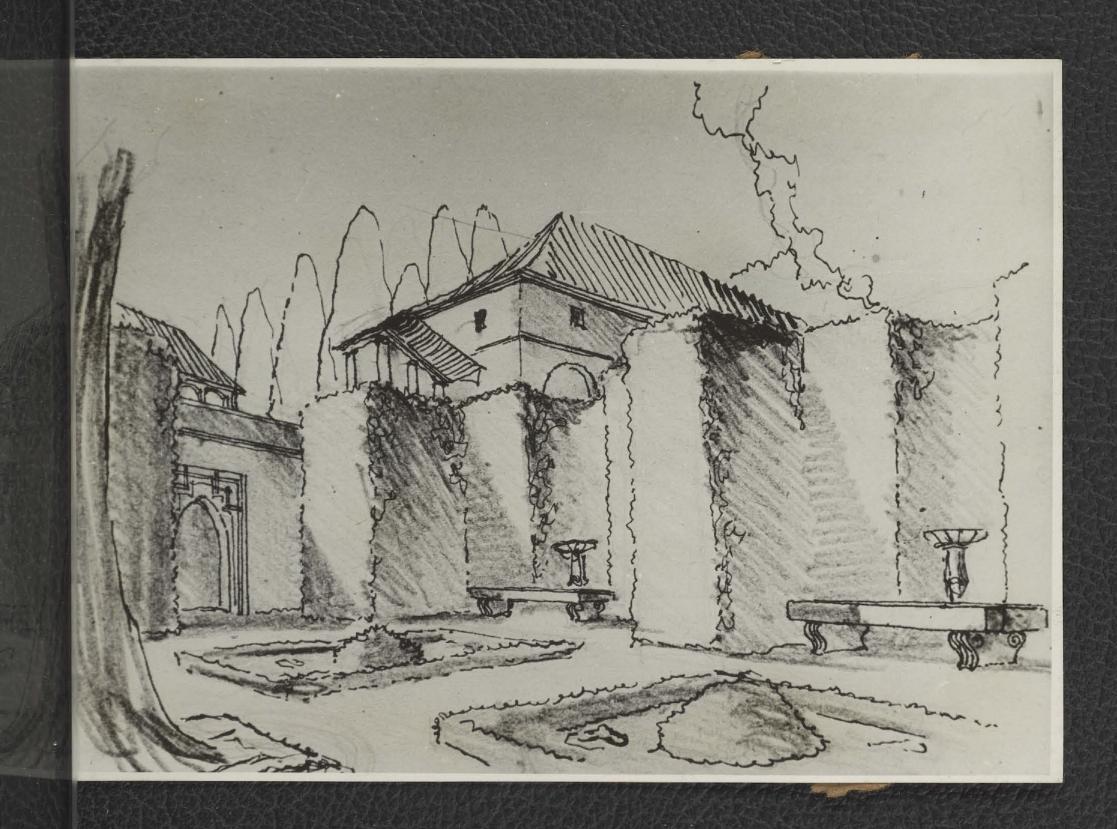 fotografia czarno-biała przedstawiająca rysunku autorstwa J. Bogdanowskiego ukazujący fragment miejscowego ogrodu, skan 1