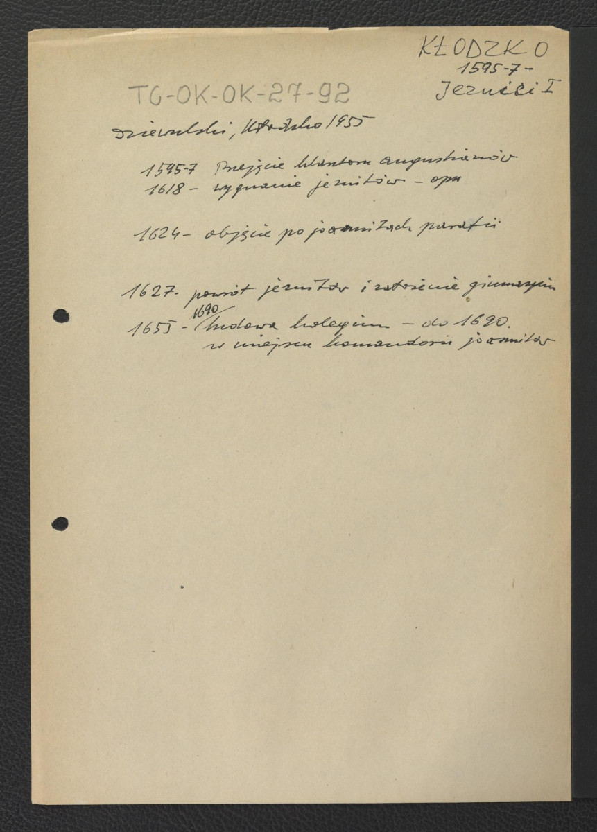 wypis z Dziewulski, Kłodzko, 1955 zawierający zwięzłą chronologię miejscowego zgromadzenia począwszy od 1595 r. kiedy to rozpoczęto przejmowanie lokalnego klasztoru augustianów                                                                                                         , skan 1